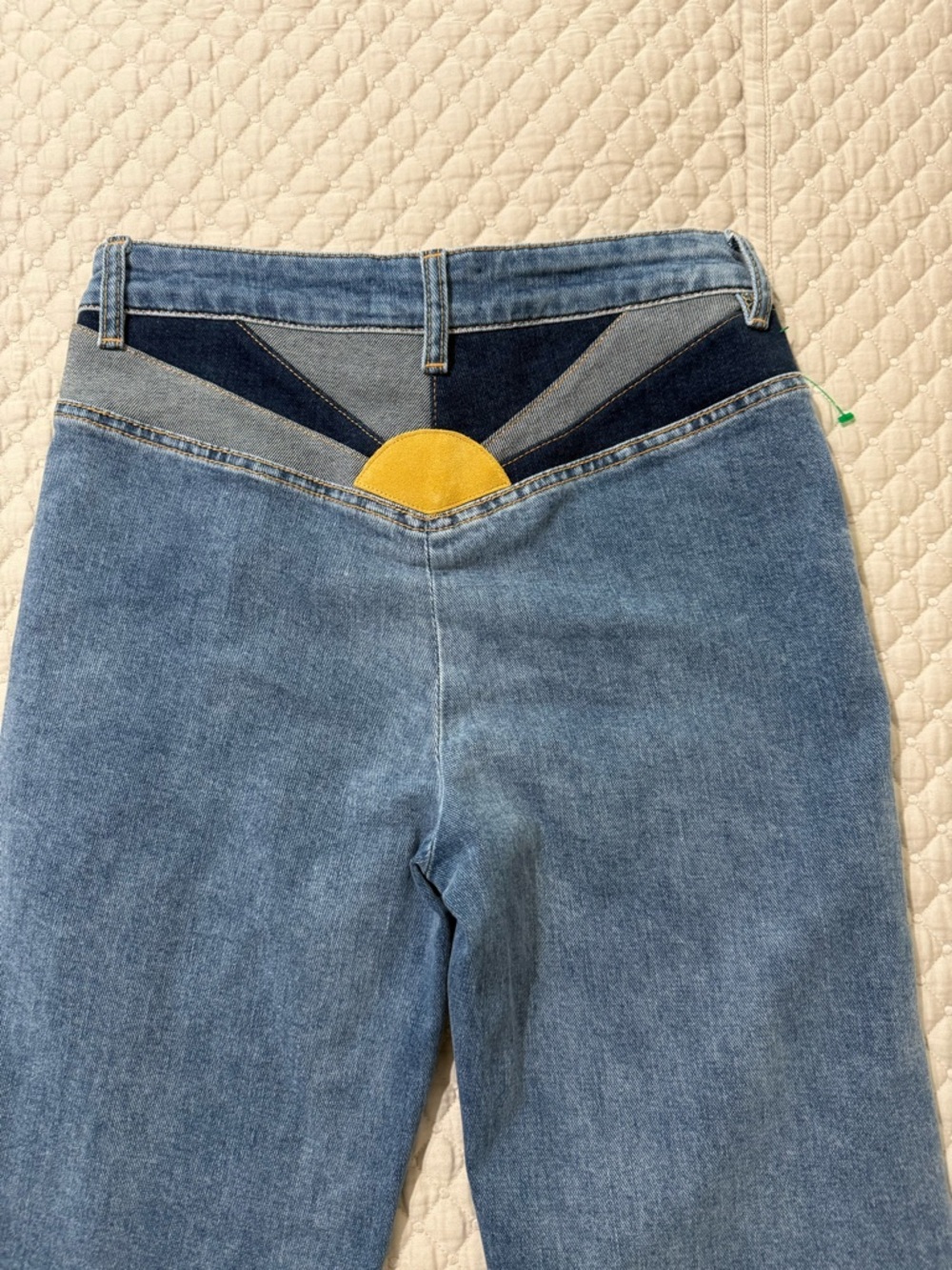 Free People Patchwork Flare Jeans in Light Blue, Dark Blue and Yellow Sun Detail